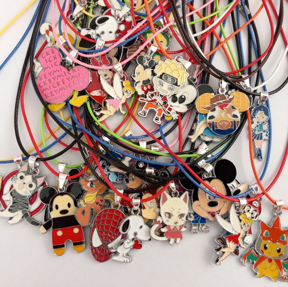 10 Pc Resale Lot Cartoon Silvertone/Enamel Pendant 18" Adjustable Cord Necklaces